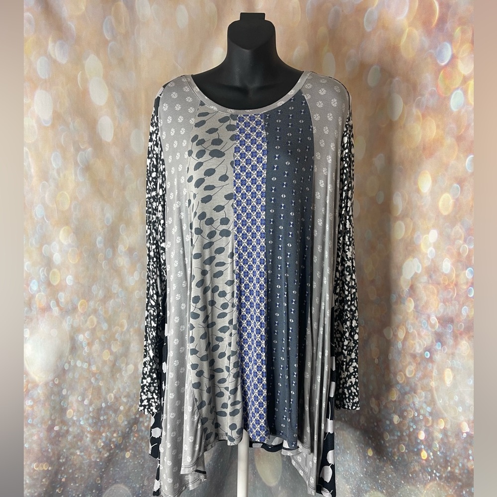 LOGO Lori Goldstein Patchwork Boho Shark Bite Hem Tunic Top Size XL